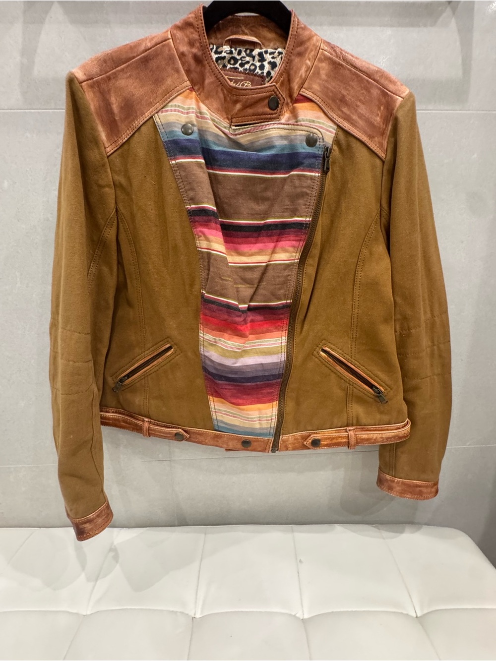 Women’s Suede & Leather Brown Moto Jacket with Striped Lining